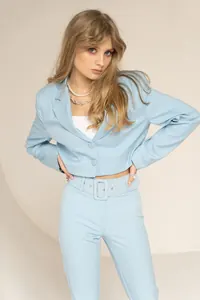 Buz Mavisi Crop Blazer Takım